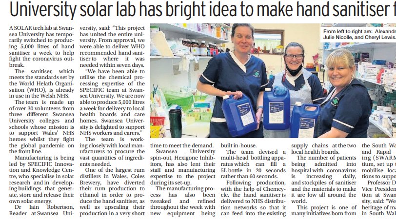 📰Grab today's #EveningPost to read about the wonderful work of 30+@SwanseaUni volunteers 🖐️Producing 5K litres of hand sanitiser a week! Thanks to: @colestastywelsh | @hexigone_ltd | Chemcycle | FPSWales | Roberts Direct | @PerkinElmer | Green Build | Hybrisan | @centregreat