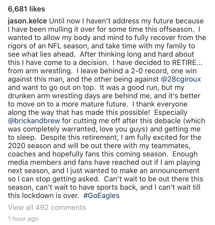 RapSheet's tweet image. #Eagles C Jason Kelce announces he’s retiring from arm wrestling... but will continue to play football. Philly has expected him back, and he’s as healthy as he’s been, so not a surprise. But now official.