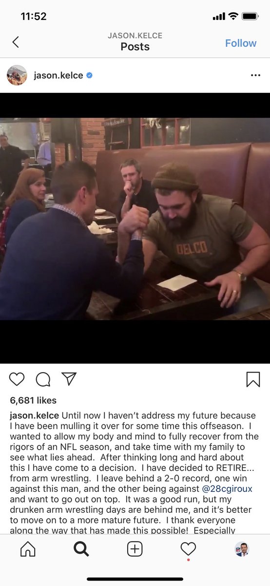 RapSheet's tweet image. #Eagles C Jason Kelce announces he’s retiring from arm wrestling... but will continue to play football. Philly has expected him back, and he’s as healthy as he’s been, so not a surprise. But now official.