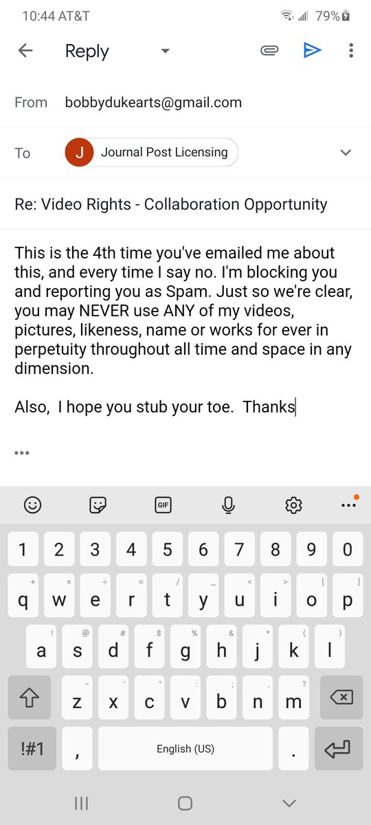 BobbyDukeArts's tweet photo. When you have popular videos on YouTube,  Facebook vultures constantly spam you with emails asking to use them so they can make money and you can get "exposure".  It may not have been very kind,  but this was my response to one of them lol. https://t.co/VfVmRZTt4m