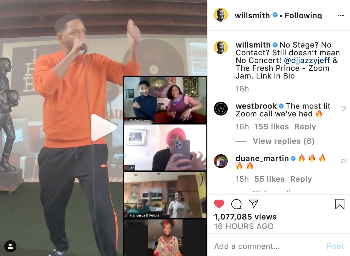 OMG this was so DOPE! Now I can say "attended" a Will Smith &  @djjazzyjeff215  @Zoom concert... AND that I got to dance along w/ Bmore diva  @jadapsmith.  #DatRona won't stop the fun, we just have to improvise during this  #COVID19 crisis  https://www.instagram.com/p/B_BO2EqBHJK/   @TeamWillDaily