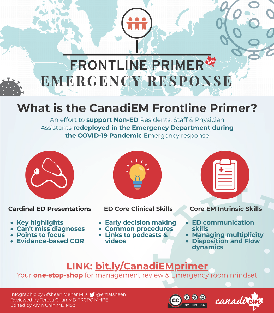 WeAreCanadiEM's tweet photo. We are proud to introduce the #CanadiEM Frontline Primer,  supporting physicians redeployed to EDs during #COVID19. Accessible on your phone, this resource supplements/refreshes knowledge of ED case management.

Primer: https://t.co/ZcRJ1kDwE1
More info: https://t.co/BLemgtJgVN https://t.co/VMmJHUKMIz
