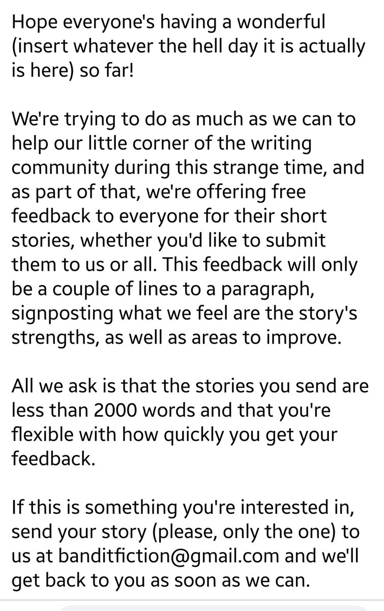 Bandit Fiction On Twitter We Re Currently Offering Free Feedback For 2000 Word Or Less Stories Https T Co Ewnlu4qwtn Twitter