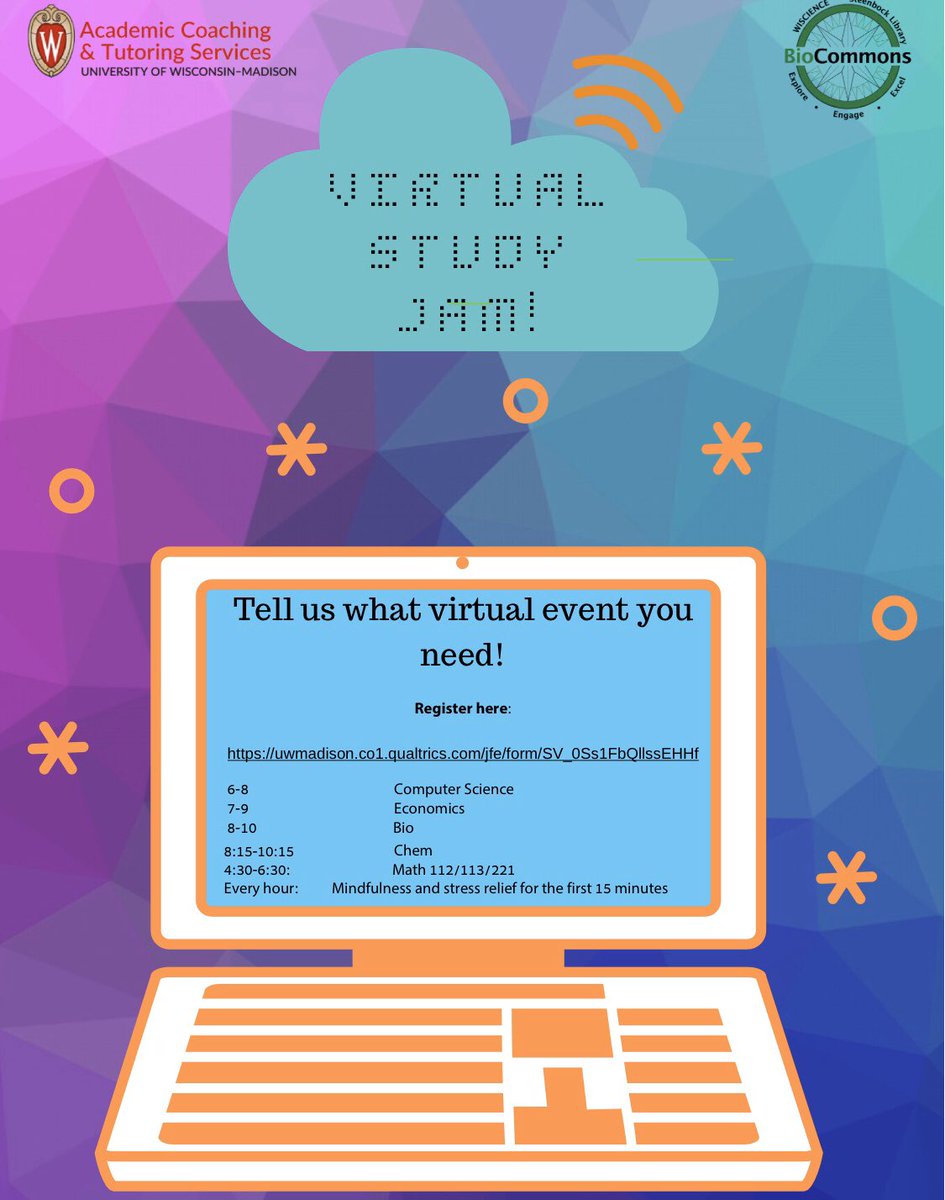 UWACTS's tweet image. ACTS and the Biocommons are still hosting a VIRTUAL end of semester study jam on April 29th! To gain access to certain subject support, RSVP using the following link: uwmadison.co1.qualtrics.com/jfe/form/SV_0S… #badgerathome