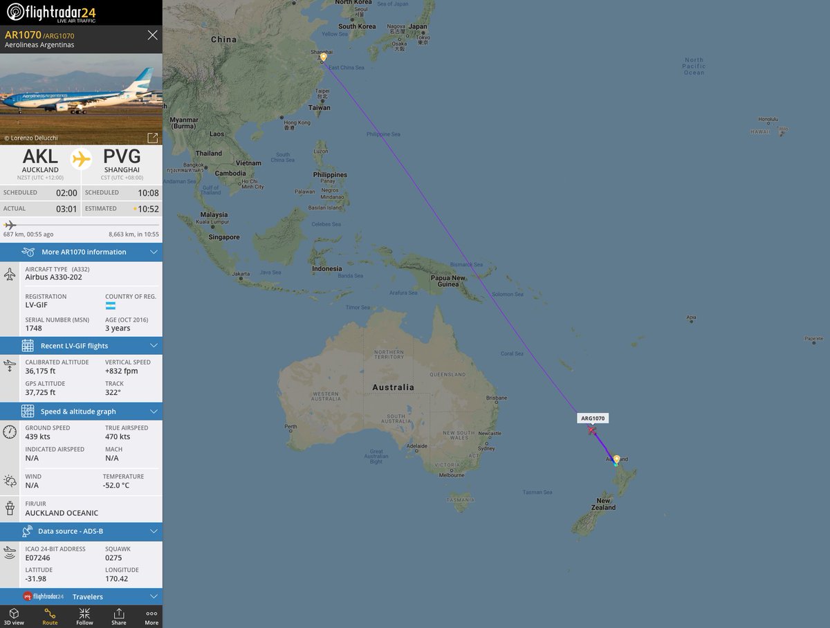 flightradar24's tweet photo. After flying from Buenos Aires, this @Aerolineas_AR A330 is en route to collect medical supplies in Shanghai. It will return to Argentina via Auckland as well. https://t.co/XMinr0Lqp5 https://t.co/KLS3g2uMu9