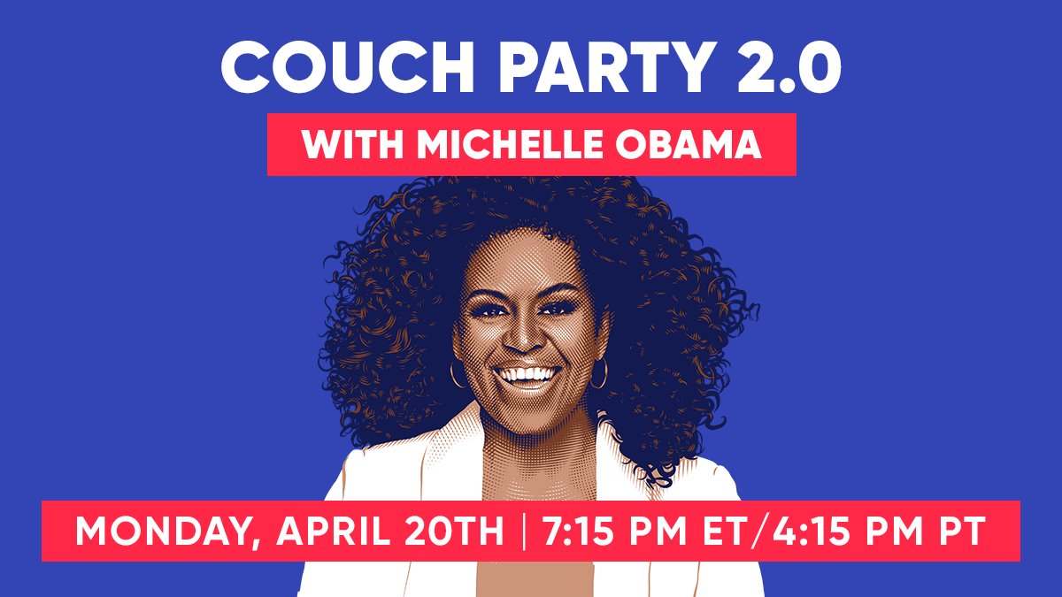WhenWeAllVote's tweet image. 🚨🚨BIG NEWS🚨🚨

We are stepping it up for #CouchParty 2.0! 🎉 Join our action call Monday, April 20th at 7:15 PM ET and hear directly from @MichelleObama, then (virtually) get your friends and family together to register everyone you know! 

RSVP → weall.vote/couchparty