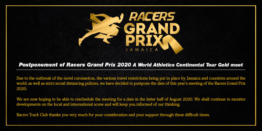 racerstrack's tweet photo. The Racers Grand Prix 2020 – A World Athletics Continental  Tour Gold Meet postponed due to the Novel Coronavirus, tentatively until August.

#RacersGrandPrix2020 #RacersGoneGold https://t.co/4vYNQ3BTTT