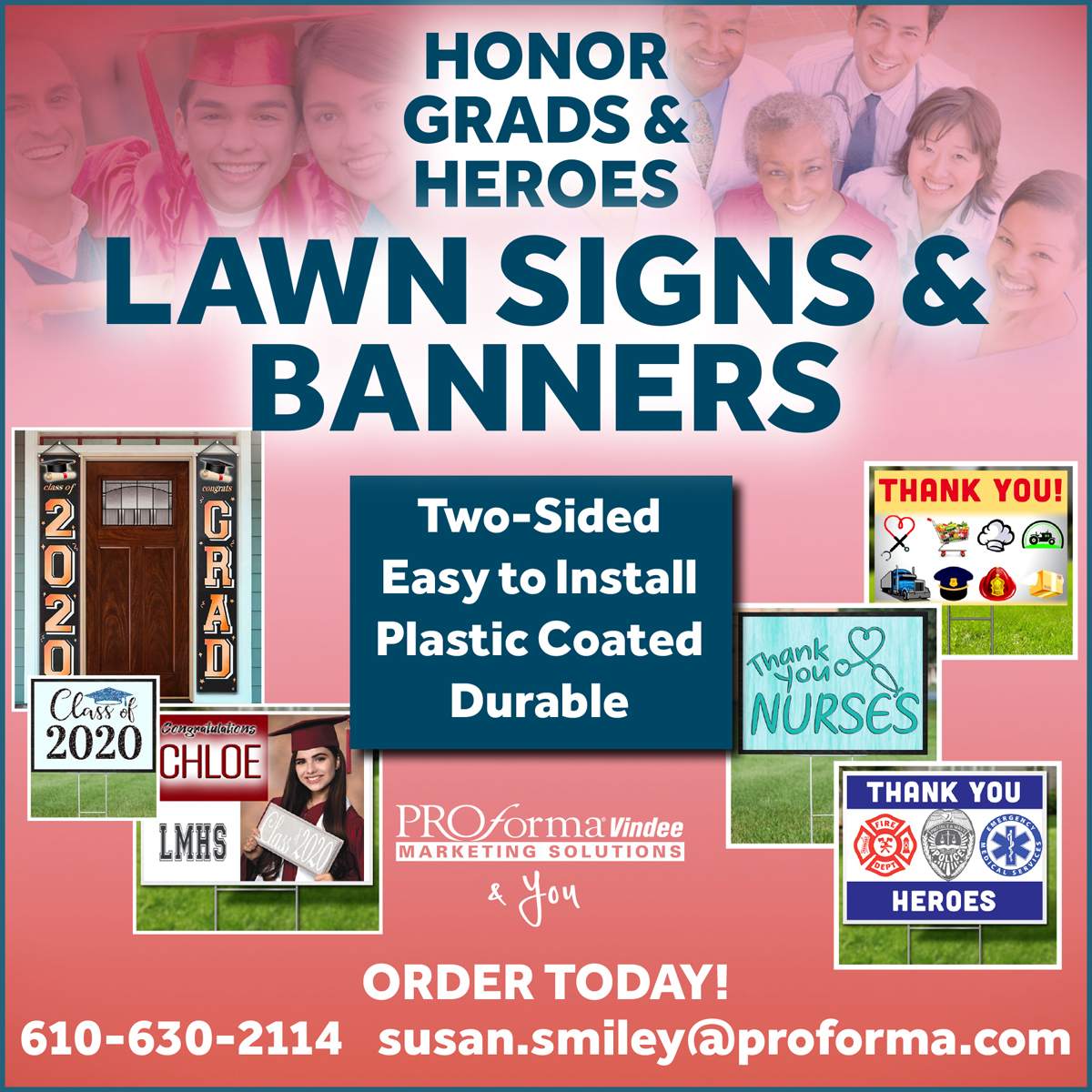 ProformaVindee's tweet photo. Great gifts for heroes on the front line and grads! Contact us 610-630-2114 or susan.smiley@proforma.com #lawnsigns #classof2020 #nurses #doctors #police #firefighters #grocery #marketing #banners #signs #printing #design #graphicdesign #graduationgifts #graduation https://t.co/oU9m9xvqUP