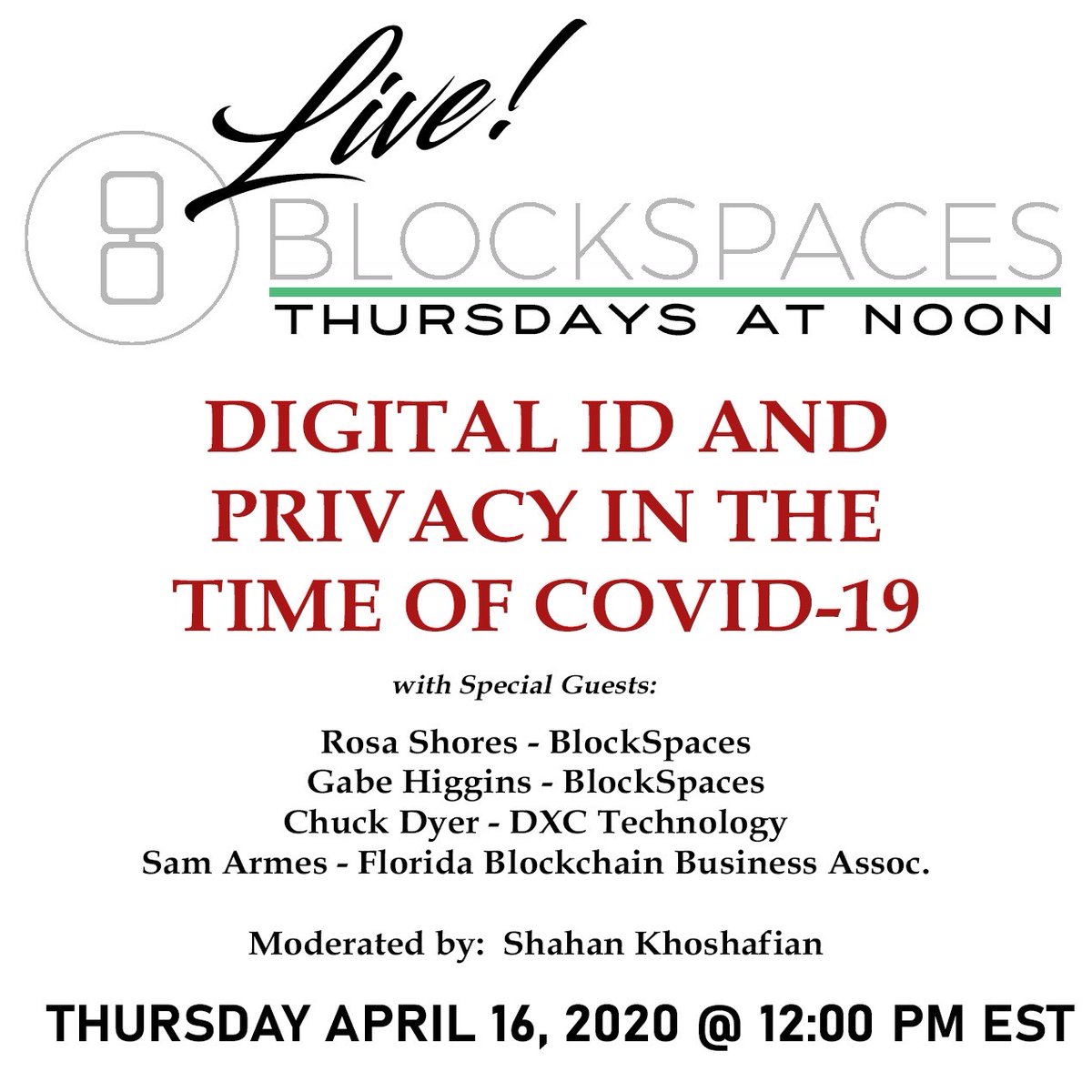 BlockSpaces_io's tweet photo. WE ARE LIVE!
Grab your lunch and tune in here https://t.co/CDDosf3cUf for our inaugural BlockSpaces Live! podcast discussing Digital ID &amp; Privacy In The Time of COVID-19.
#BlockSpaces #blockchain #digitalid #privacy #COVID19 https://t.co/xZScd78P8G