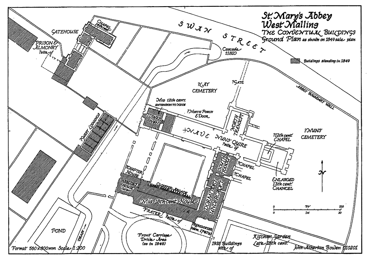 Malling Abbey, founded by Bishop Gundulf of Rochester c.1090. Dissolved 28 Oct 1538 when all the nuns refused to sign the surrender document. Bashed about by a Flashman banker in the 18thc, in 1893 it was returned to religious use and is now occupied by Anglican Benedictine nuns.