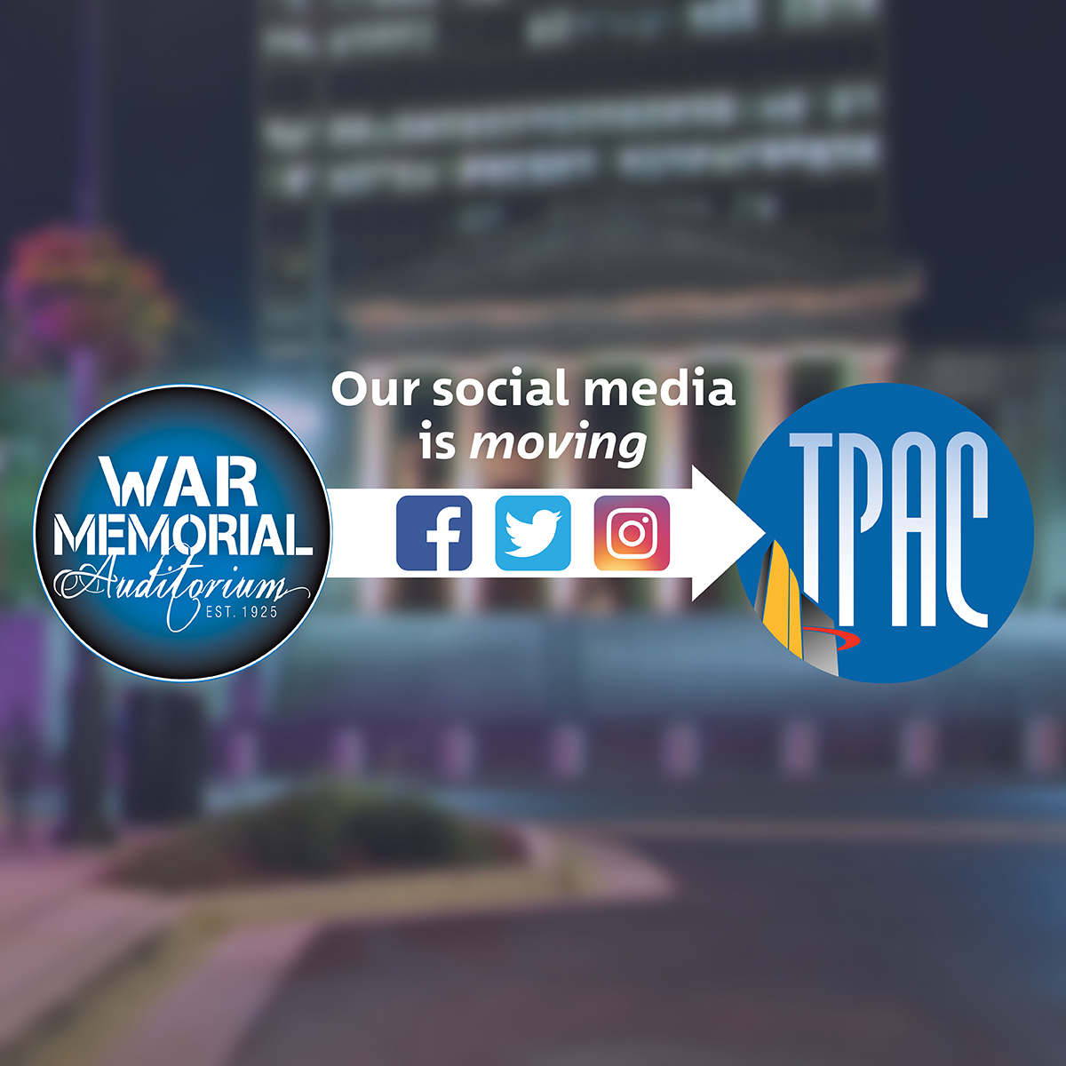 Don't forget to follow <a href="/tpac/">TPAC</a> to stay up-to-date with all things WMA. The <a href="/wmarocks/">WarMemorialNashville</a> account is going away on Monday.