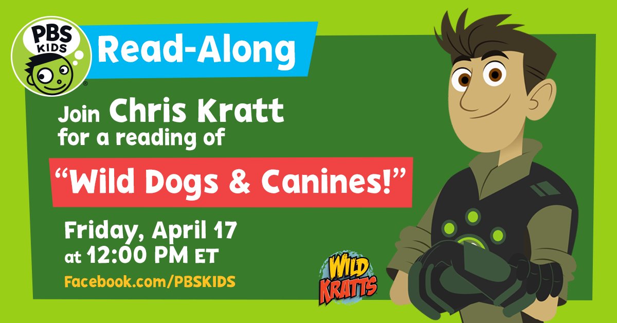 PBSKIDS's tweet photo. It's time for a creature adventure! Watch Chris Kratt from @TheKrattBros read “Wild Dogs &amp; Canines!” just for PBS KIDS. Join us tomorrow, April 17, on the PBS KIDS Facebook page at 12 ET for the story-time premiere! https://t.co/DagdyPaWPX