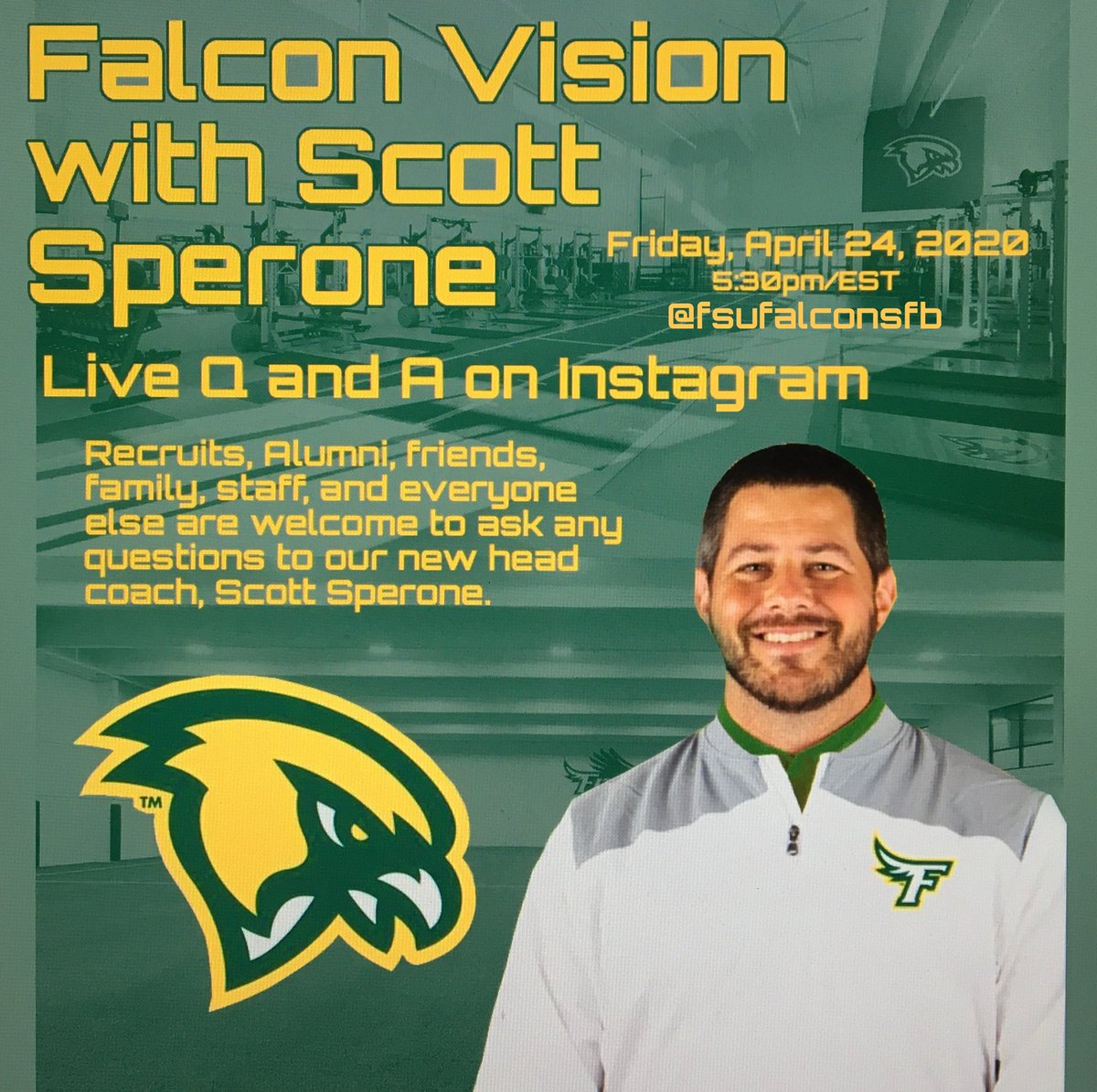FSUFalconsFB's tweet photo. Next Friday (April 24th), Coach Sperone is going live on our team Instagram. All are welcome! #falconvision #We1WeOneWeWon #fsufalconsfb https://t.co/PJl4rLtP9q