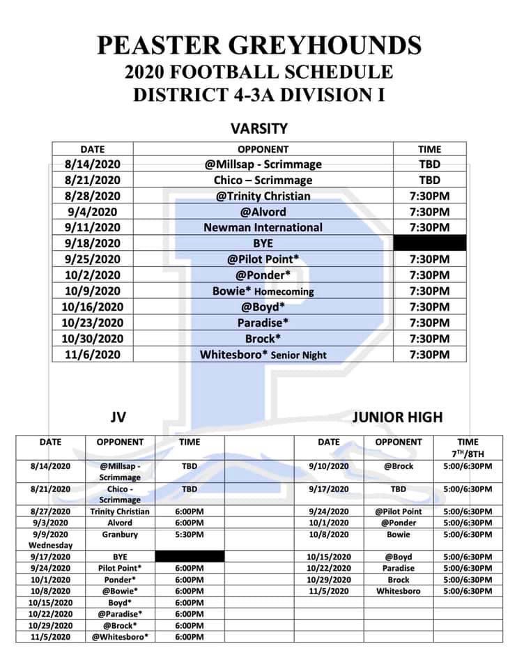 CoachGMcElroy10's tweet photo. 2020 Peaster Football Schedule https://t.co/QqgeUAh4s6
