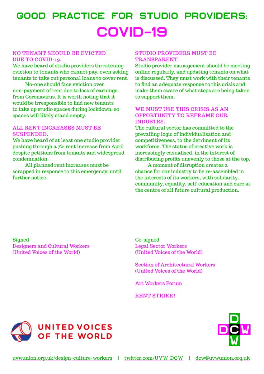 UVW_DCW's tweet photo. We have just sent this urgent COVID-19 good practice protocol to art studio providers, calling for:
➕ Rent suspension for all (no payback)
➕ No rent increases or evictions
➕ Studio closure for all but identified essential workers
➕ Transparency  
↘️ https://t.co/nek8C6eNH0 https://t.co/TDSUh30Jlw