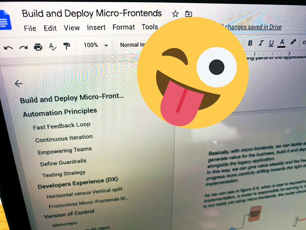 lucamezzalira's tweet photo. This chapter is taking more time than expected but I am really happy with the contents inside!
A couple of extra paragraphs and then it’ll be ready for the editors 😁
#workinghard #WorkFromHome #myholiday #microfrontends #oreilly #FrontEnd #web #javascript #js #architecture https://t.co/u3MbbiolR8