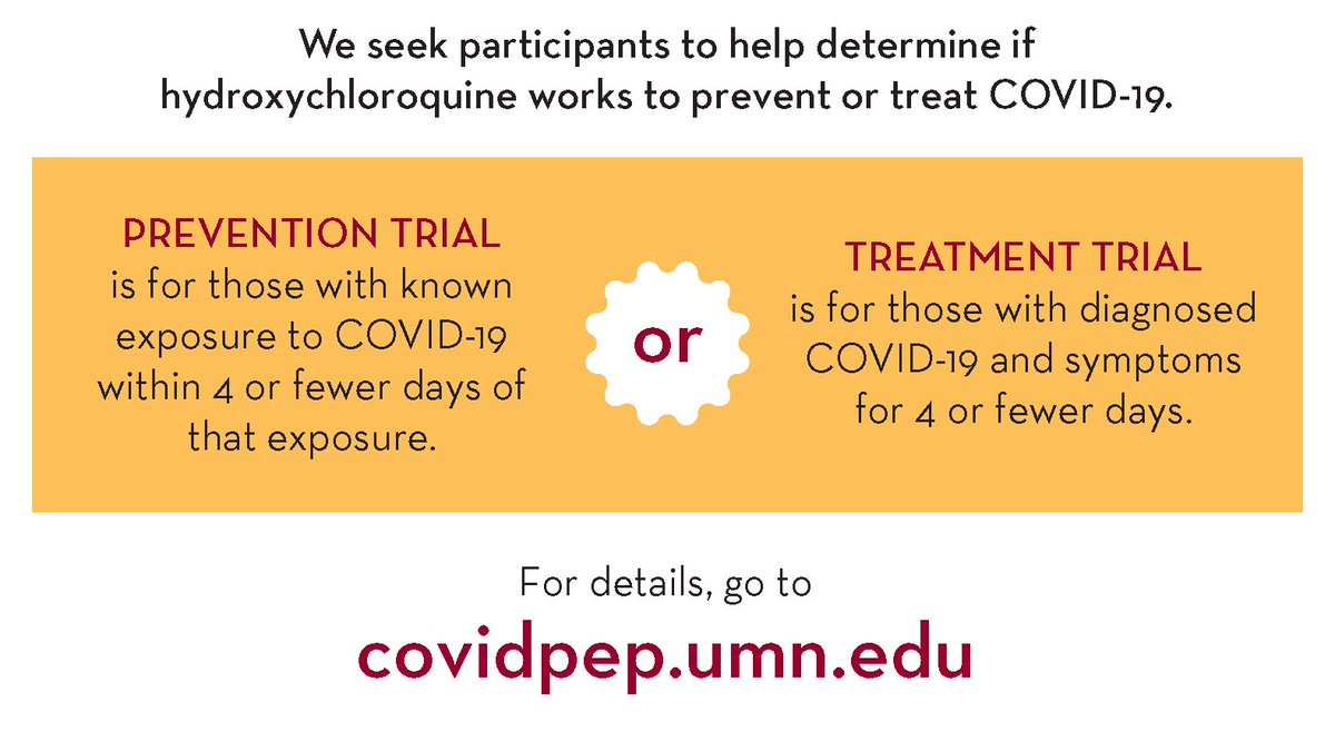 Participants needed for #COVID19 #Hydroxychloroquine randomized clinical trial. Nationwide participation. Go to covidpep.umn.edu #IDTwitter #MedTwitter