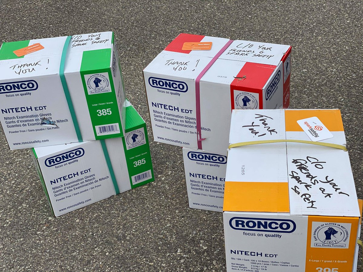 1047HeartFM's tweet photo. A huge shout out to @SparkSafetySOL for donating 6 cases (6000 gloves total) of Nitech examination gloves to #frontlineworkers in Oxford County yesterday. https://t.co/mqv95yihxn