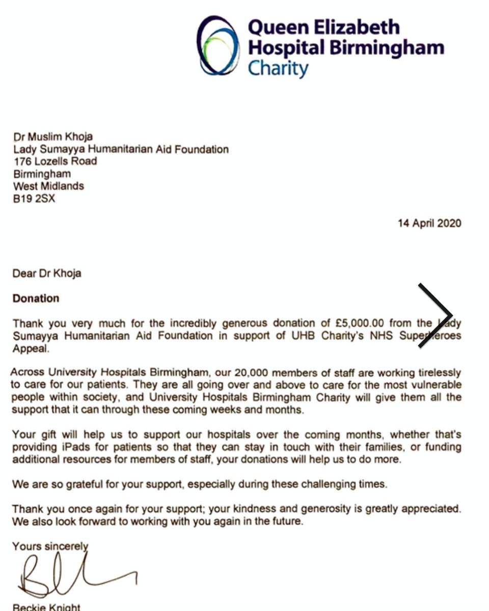 LadySumayya's tweet photo. 𝗧𝗵𝗮𝗻𝗸 𝗬𝗼𝘂 letter from Queen Elizabeth Hospital Birmingham Charity acknowledging our campaign and explaining how funds will assist the #NHS staff and patients.
#LadySumayya #NHS #StaySafe #StayHome #ThankYou #PleaseDonate #Covid19 #WestMidlands #BestOfDeedHelpThoseInNeed https://t.co/mobsrZtRBO