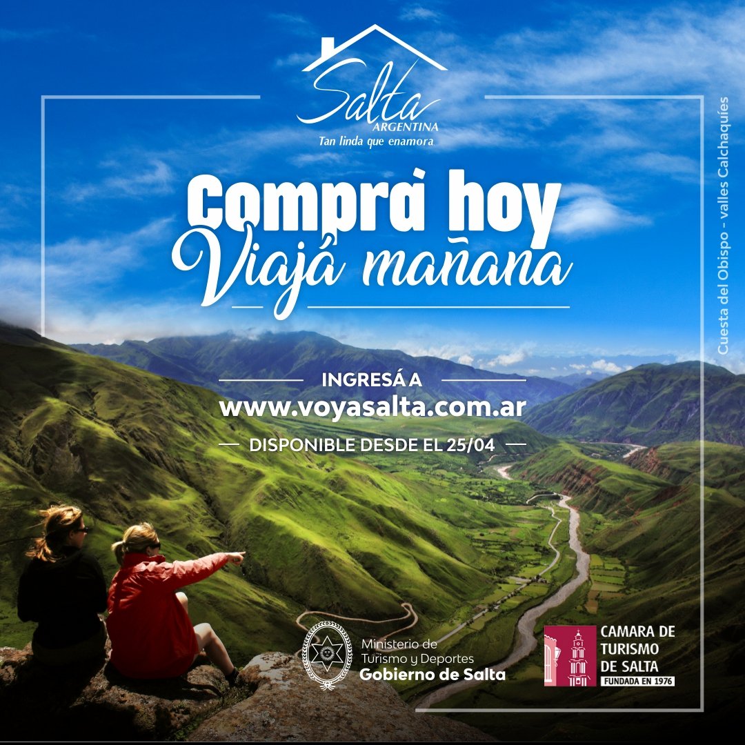 TurDepSalta's tweet photo. ✋ “Compra hoy, Viajá mañana”
Salta propone comprar vacaciones ahora para viajar hasta abril 2021

Estamos trabajando con el sector privado de la provincia en la plataforma virtual

Desde el 25 de abril, entrá a https://t.co/9w9V2uKbVj 👌 https://t.co/35OodKoMpM