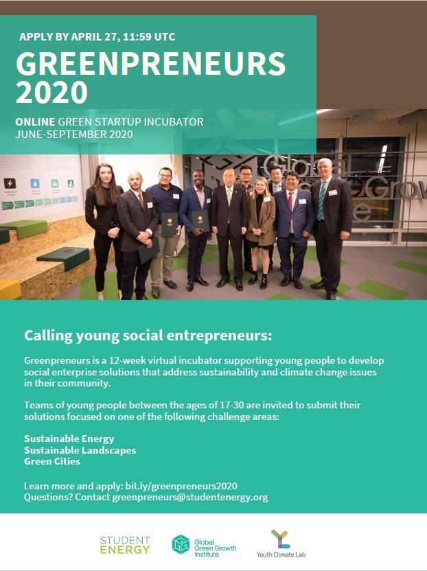 Are you 17-35yo and identify as a Green Entrepreneur? Is your company focusing on #SustainableEnergy #SustainableLandscapes or #GreenCities? Then this opportunity is for you! #GreenPreneurs2020 gggi.org/global-program… <a href="/YouthClimateLab/">Youth Climate Lab</a> <a href="/studentenergy/">Student Energy</a> <a href="/GggiUganda/">GGGI Uganda</a> <a href="/gggi_hq/">GGGI</a>