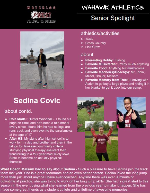 WahawkGirlsTF's tweet photo. WAHAWK Track and Field Senior Recognition #4
Sedina Covic https://t.co/8ZMNkLIBoZ