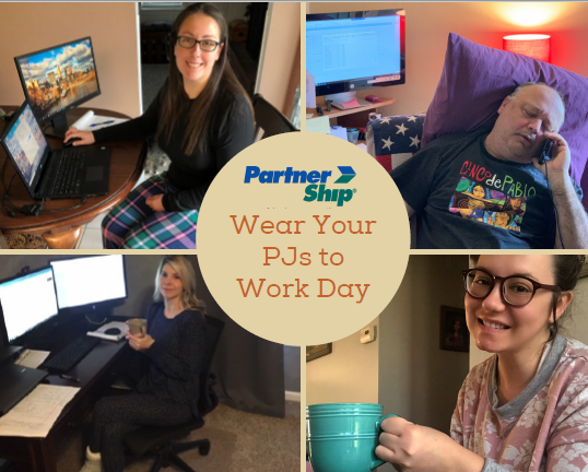 PartnerShipLLC's tweet photo. While staff are working from home due to the shelter-in-place order, wearing our PJs to work has never been more welcome! #WearYourPJsToWork #WorkFromHome https://t.co/z6c9PQ9X3U