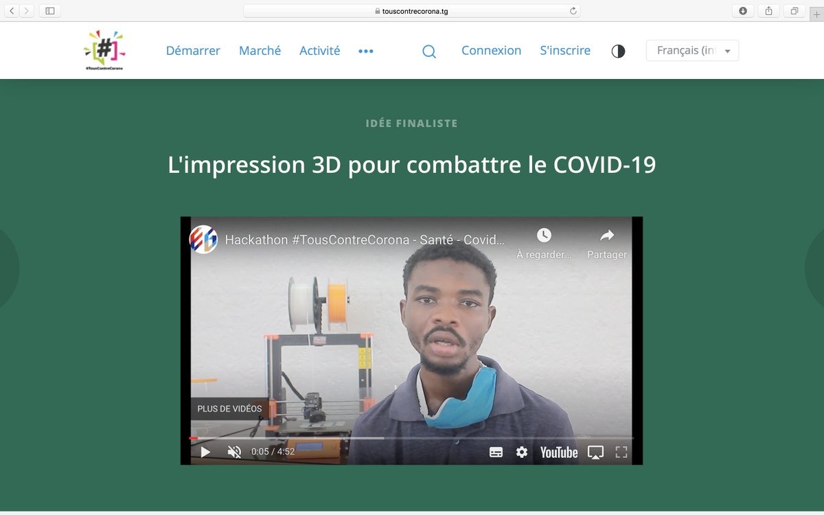 [#TousContreCorona]

FINALISTE 🎉🎊🙌🏾

C'est avec une grande joie que nous vous annonçons que notre projet COVID-19 3D-PRINT a été retenue comme idée finaliste du hackathon #TousContreCorona lancé par le Gouvernement Togolais dans la lutte contre le #COVID19 💪🏾🚀
<a href="/TG_ContreCorona/">#TousContreCorona</a>