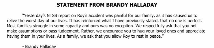 Phillies have released a statement on behalf of Brandy Halladay regarding yesterday’s NTSB report on Roy Halladay’s plane crash: