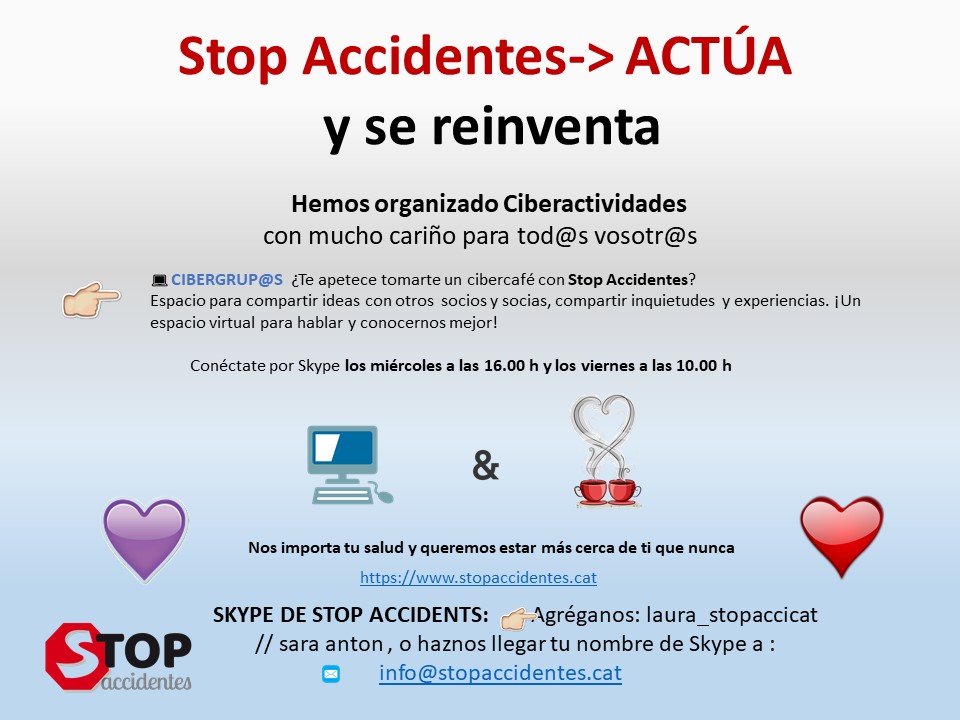 stop_madrid's tweet image. ¿Quieres compartir con nosotros un espacio de tertulia? 😀🙂😉😕😂💜
Espacio para socios / socias y para todo el que quiera participar!
Te esperamos todos los viernes a las 10.00 h!
👇 deja tu contacto de SKYPE en:
info@stopaccidentes.cat