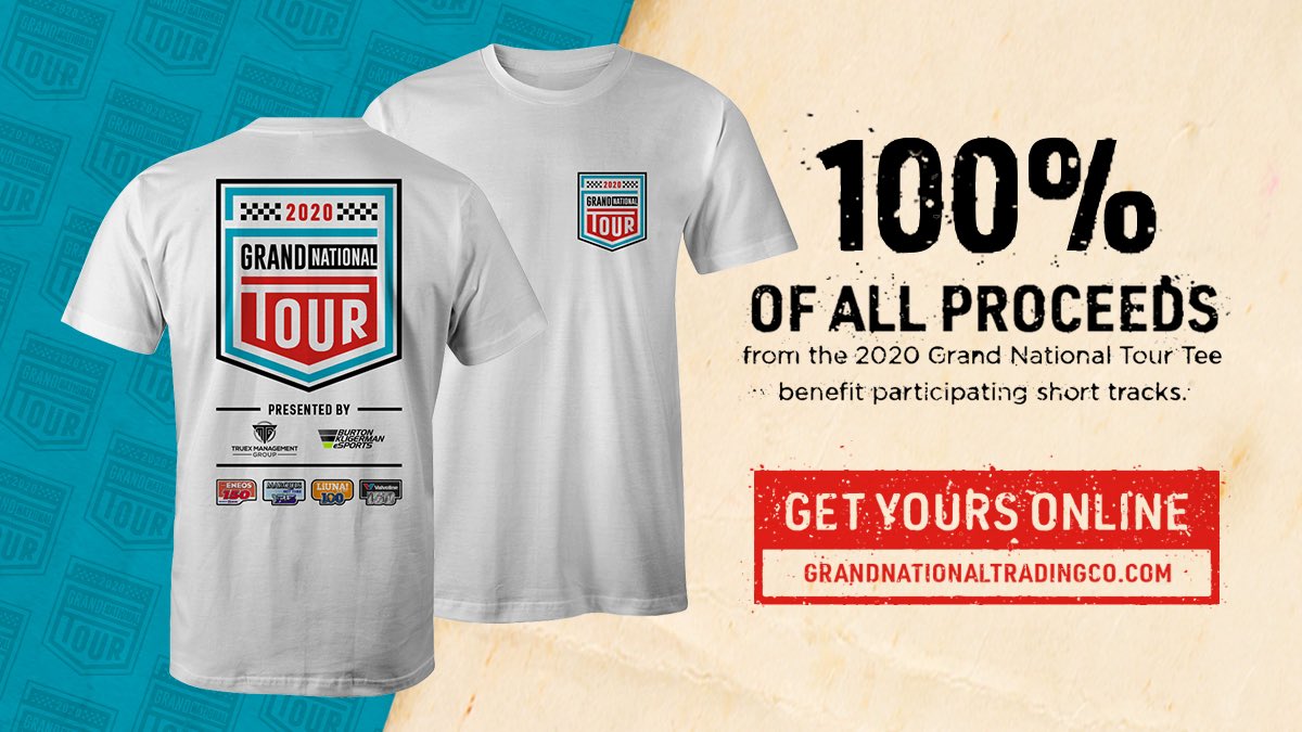 🚨 2020 #GrandNationalTour tees are available now! 

💯% of the proceeds go straight to our participating short tracks. 

👉grandnationaltradingco.com👈