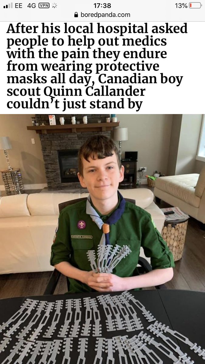 design_qb's tweet image. Amazing piece of product design by Canadian Boy Scout Quinn Callander. Teachers all over the UK are now making these for our NHS workers #DT #problemsolving #reallifeproblems #thinkoutsidethebox