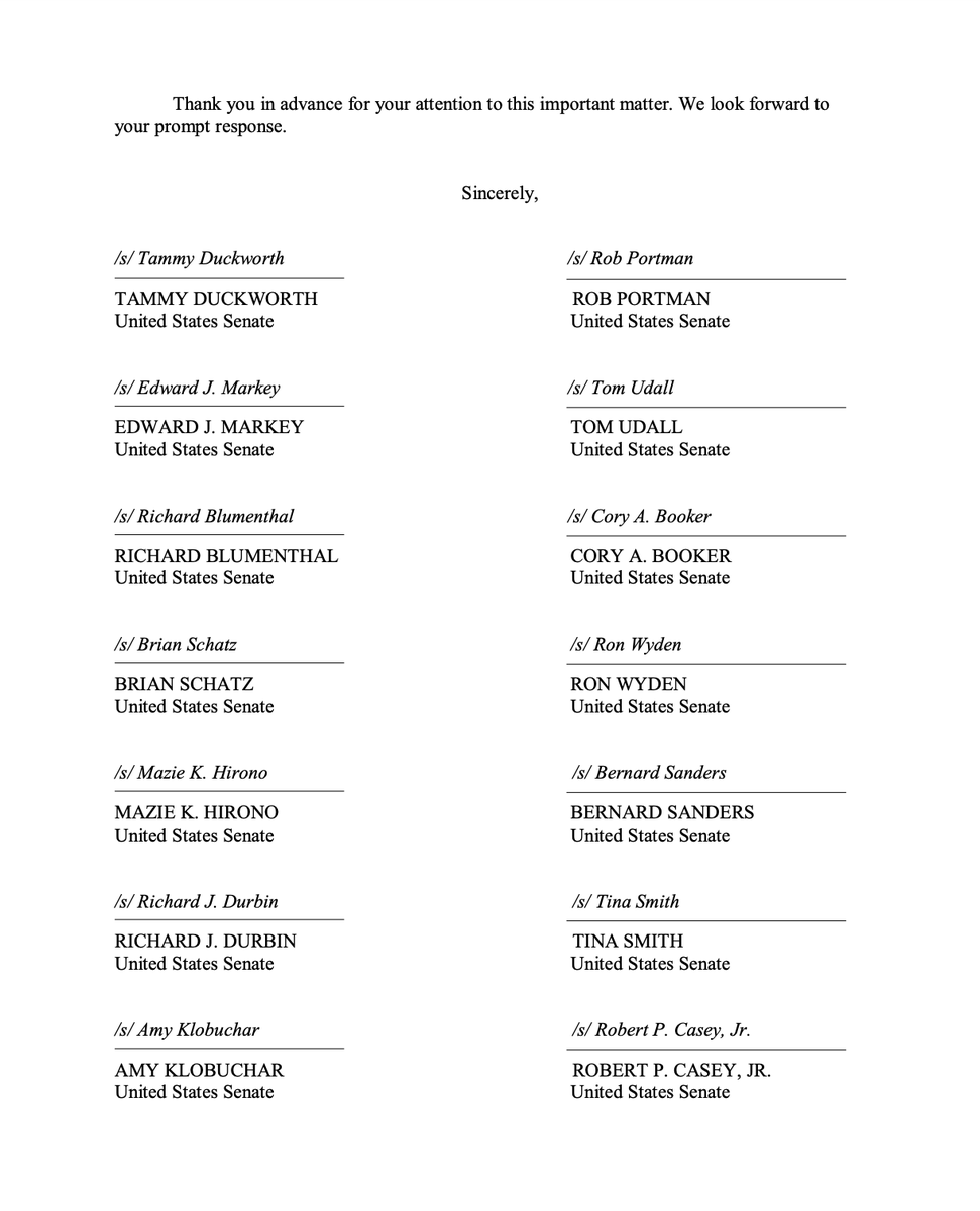 Page two of the letter features signatures from senators who signed onto this letter to the FCC.