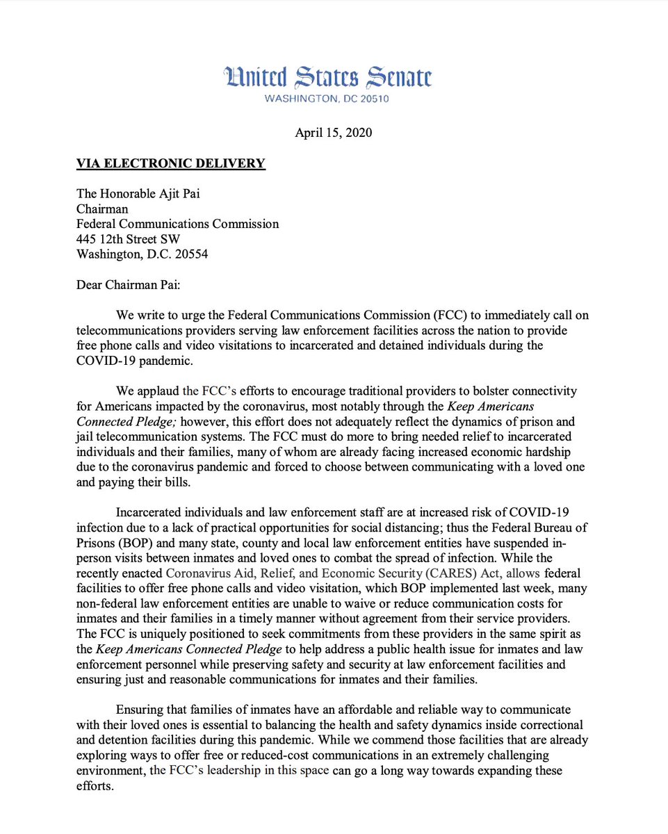 Screenshot of page 1 of the letter to the FCC. We are currently unable to locate a link to the full text online. The letter is addressed to FCC Chairman Ajit Pai and urges him to take action to ensure that phone calls and video visitations are free for incarcerated people and their loved ones.