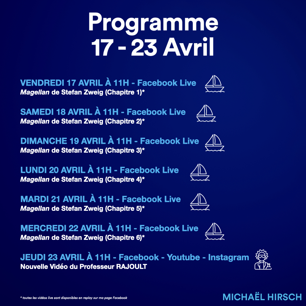 MHIRSCHofficiel's tweet photo. 🔴 LIVE FACEBOOK - CHAQUE JOUR à 11H 🔴
Lecture en live, 1 chapitre par jour et on commence avec Magellan de Stefan Zweig ➡️ https://t.co/l12U83xLxD
Merci à tous du fond du coeur pour vos retours enthousiastes sur ce projet ! À demain pour débuter ce voyage ensemble ⛵️🌊 https://t.co/8MmKNlyEwv