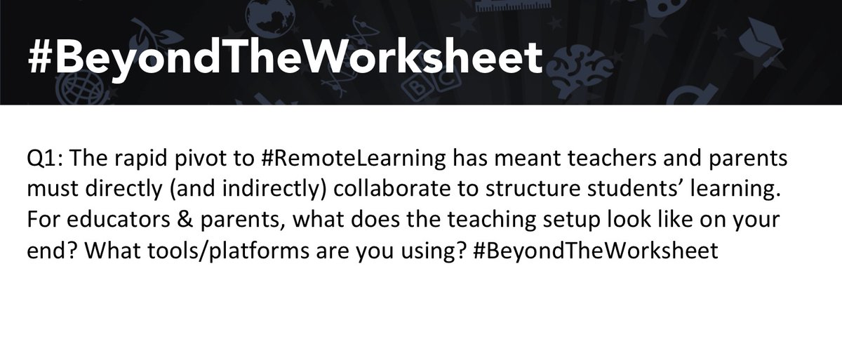 iskme's tweet image. Q1: The rapid pivot to #RemoteLearning has meant teachers and parents must directly (and indirectly) collaborate to structure students’ learning. For educators &amp;amp; parents, what does the teaching setup look like on your end? What tools/platforms are you using? #BeyondTheWorksheet