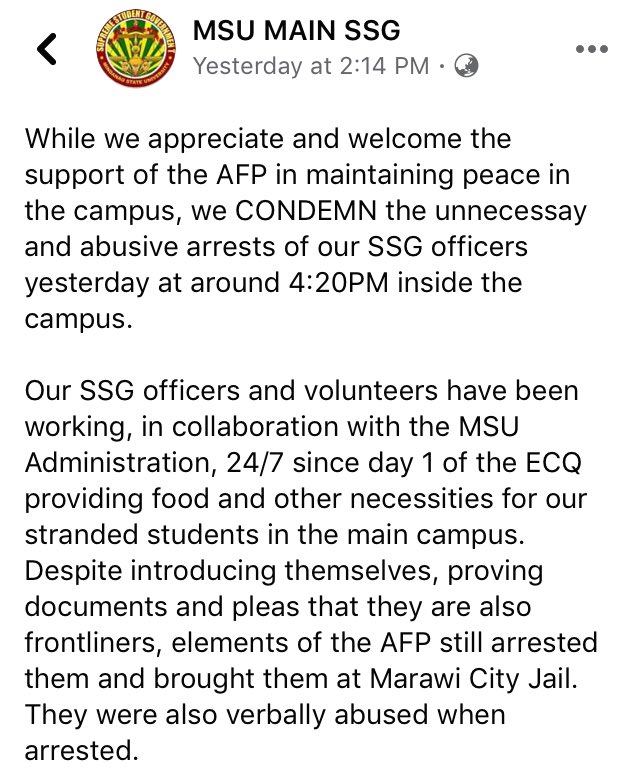 ALERT from MSU Main Supreme Student Government:  https://www.facebook.com/105636550841010/posts/247659729972024/?d=n“....we CONDEMN the unnecessay and abusive arrests of our SSG officers yesterday at around 4:20PM inside the campus....”DETAILS TO FOLLOW