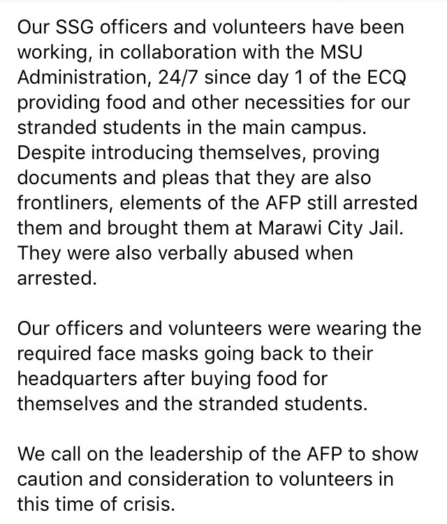 ALERT from MSU Main Supreme Student Government:  https://www.facebook.com/105636550841010/posts/247659729972024/?d=n“....we CONDEMN the unnecessay and abusive arrests of our SSG officers yesterday at around 4:20PM inside the campus....”DETAILS TO FOLLOW
