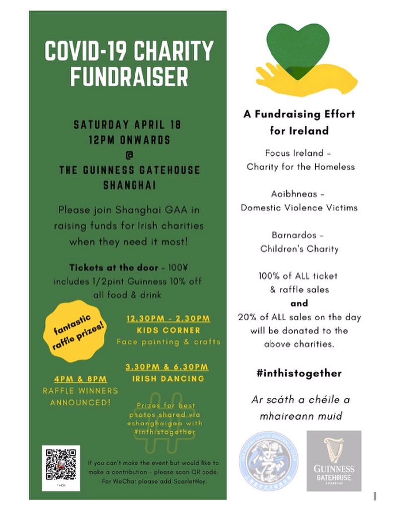 shanghaigaa (@shanghaigaa) on Twitter photo *** Shanghai GAA are raising funds for three amazing charities back in Ireland – supporting those helping Irish communities and those at greatest risk during, and in the aftermath of this pandemic. 
Details on event flyer below
#inthistogether
Ar scáth a chéile a mhaireann muid *** Shanghai GAA are raising funds for three amazing charities back in Ireland – supporting those helping Irish communities and those at greatest risk during, and in the aftermath of this pandemic. 
Details on event flyer below
#inthistogether
Ar scáth a chéile a mhaireann muid