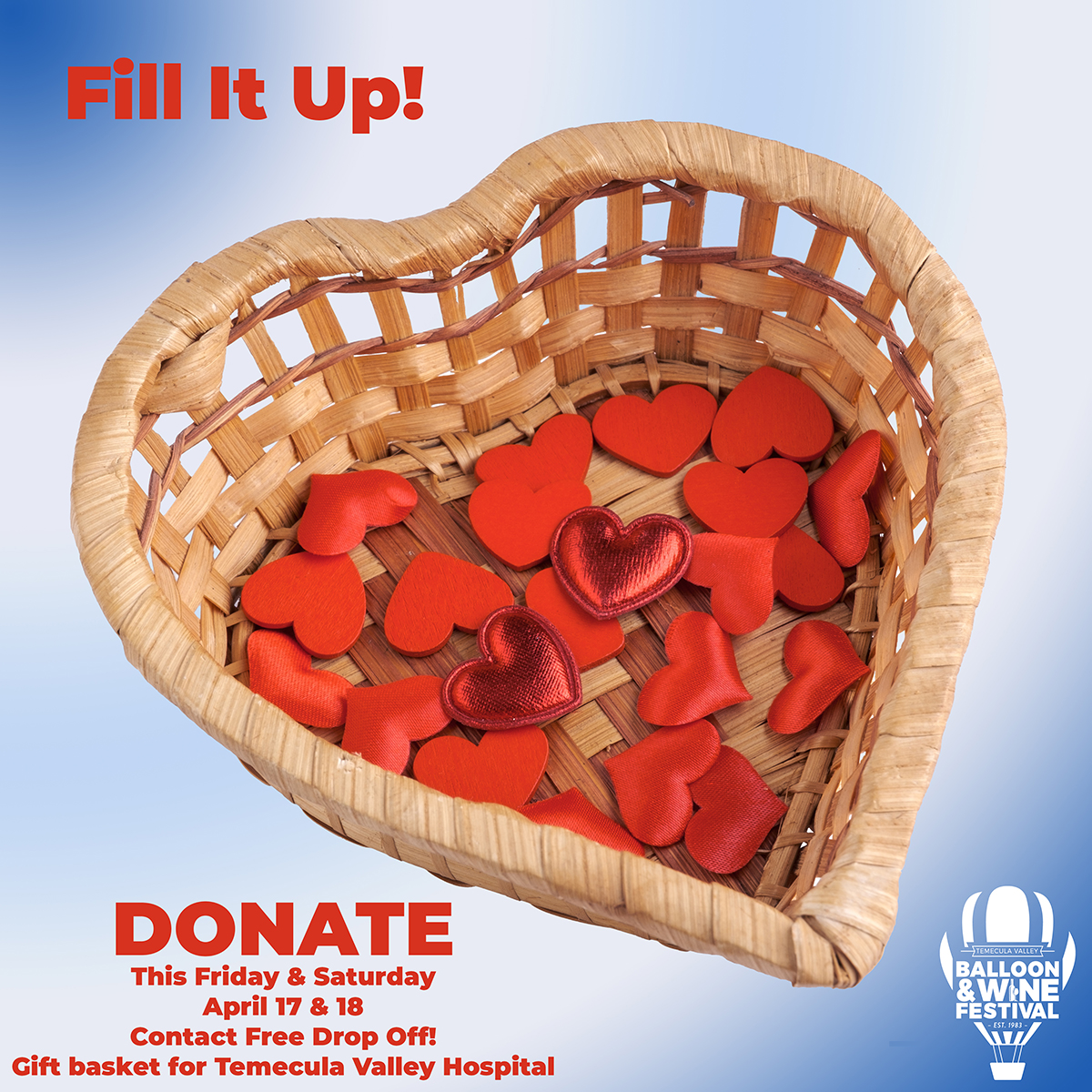 Contact-Free Drive-Up, Drop-Off – DONATE 4/17-4/18, Fri., Sat., 11 am-1 p.m. 41755 Rider Way, Temecula. We are filling up giant gift baskets 4 Temecula Valley Hospital, & other frontline area frontline workers. accepting masks, gloves, sanitizers, etc.