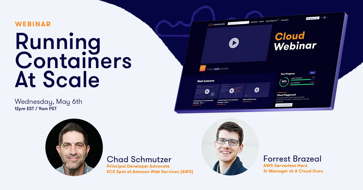 linuxacademyCOM's tweet image. Join @acloudguru, @schmutze, and @forrestbrazeal live on May 6 and learn how to run containers at scale! Save your seat for free: okt.to/xEH4Sp