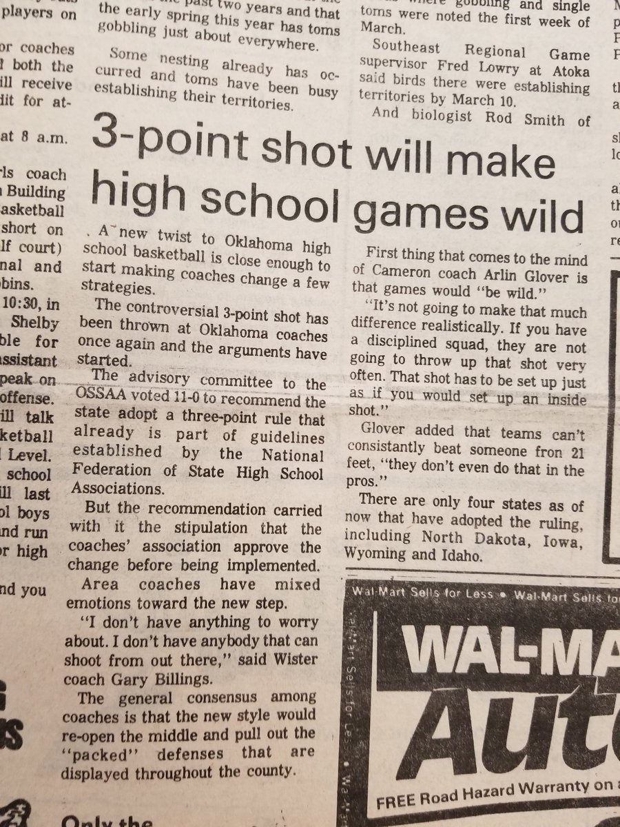 TFirme's tweet photo. OSSAA instituted the 3-point shot for its high schools in 1986. Funny to look back at reactions now that threes are a huge part of the game. #okpreps https://t.co/lMm2Zx0AUX