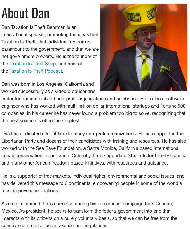 Dan Behrman 2020 Libertarian Candidate Taxation is theft Official Campaign Hat