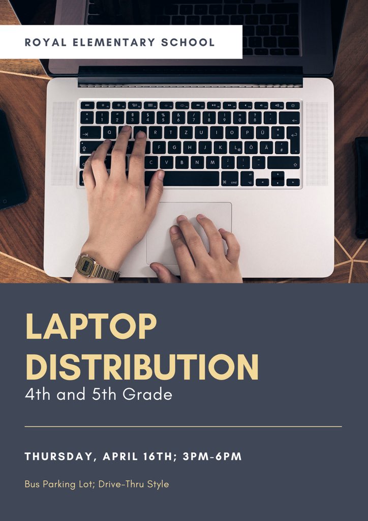 RoyalElementary's tweet photo. 📣 Chromebook Pick-up is TODAY for ALL 4th and 5th grade students 📣 Come by to get your assigned device and get connected to some AMAZINGLY great remote Learning! 🤩 #RESknights #RETWEET #remotelearning https://t.co/CmmwCrCLpY