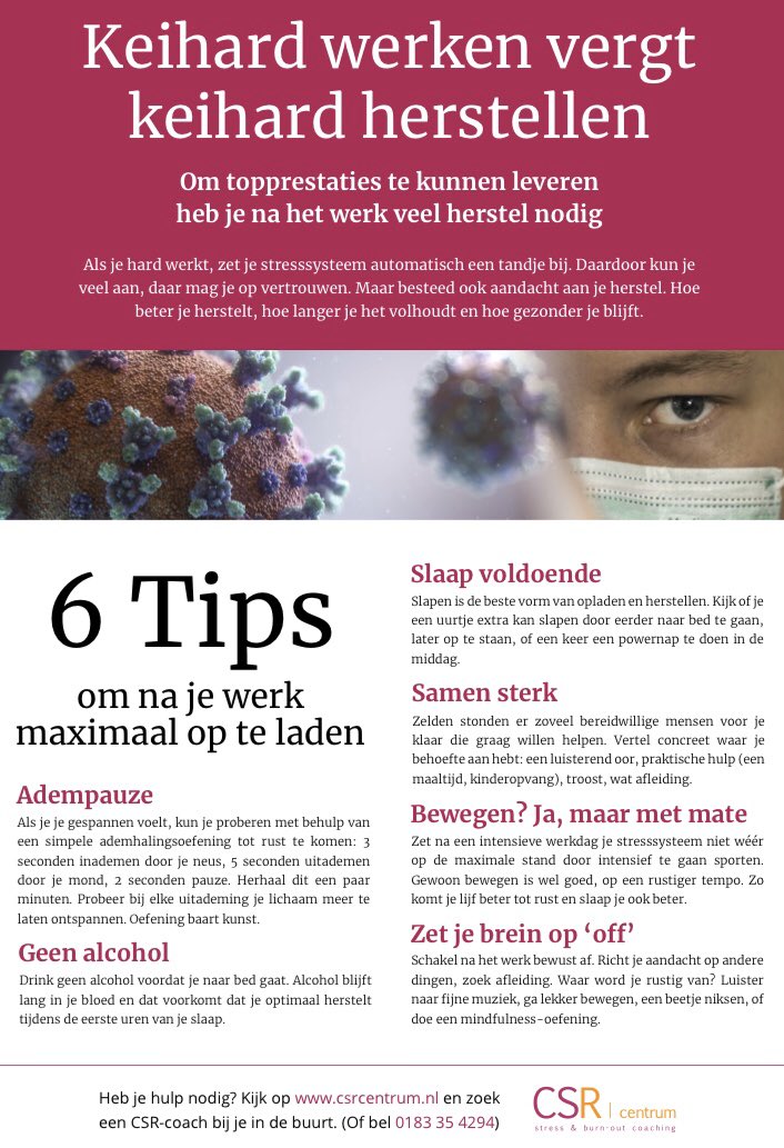 carolienhamming's tweet photo. Keihard werken vraagt keihard herstellen.
Maar hoe doe je dat? #CSRcentrum geeft 6 tips.
Wat doe jij om keihard te herstellen? https://t.co/XcNV3bDmx7
