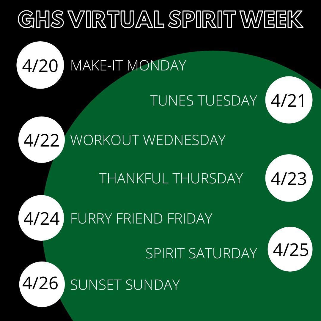 It’s official!! GHS Student Council introduces our first ever VIRTUAL SPIRIT WEEK!!!!!! 📲 See schoology/email for more details!! Hope everyone is staying safe and don’t forget to spread the word!! See you next week💚🤍