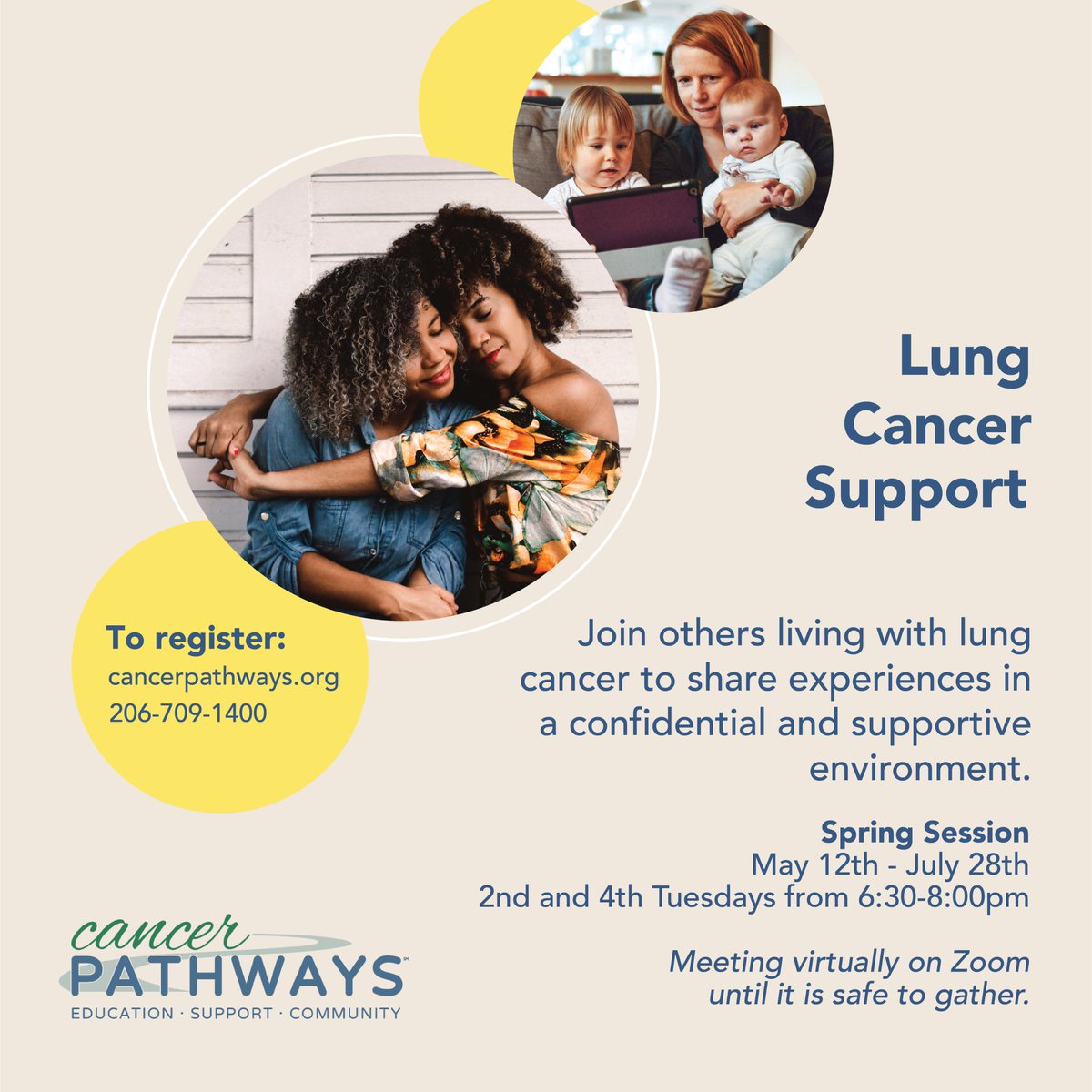 CancerPathways's tweet image. Check out our Lung Cancer Group starting 5/12! We will discuss issues such as adjusting to a dx, stereotypes of lung cancer, relationships, advocacy, financial stress, employment concerns, family dynamics, grief &amp;amp; loss, &amp;amp; survivorship. 
#VirtualSupportGroup
#WeGotThis