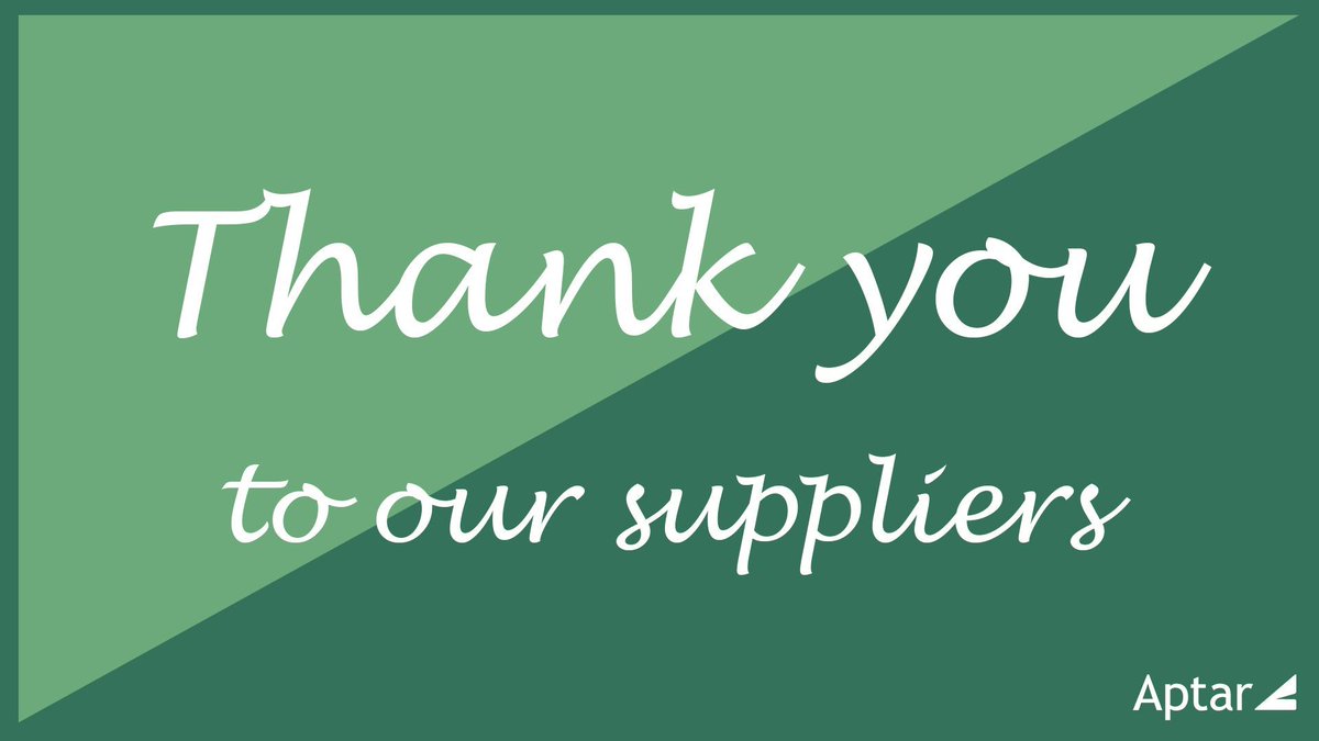 aptar's tweet photo. Aptar recognizes our suppliers & partners working tirelessly to maintain supply to our manufacturing sites worldwide during COVID-19. Our customers, their patients & consumers are counting on us. Thank you for continued support! #TogetherStrong #AptarCares https://t.co/jiu7jtjblB https://t.co/7fi4gbz5Ng