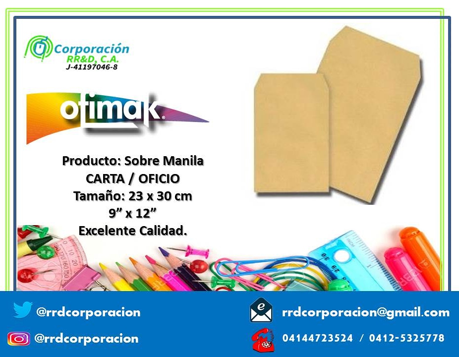 RrdCorporacion's tweet photo. LINEA OFICINA🇻🇪💻📱📝📂
Producto: Sobre Manila
CARTA / OFICIO
Tamaño: 23 x 30 cm
9” x 12”
Excelente Calidad.
#oficina
#Colegio
#papeleria
#rrdcorporacion
#ventas
#Sobres
#ofimak https://t.co/p3WqZOsDq7