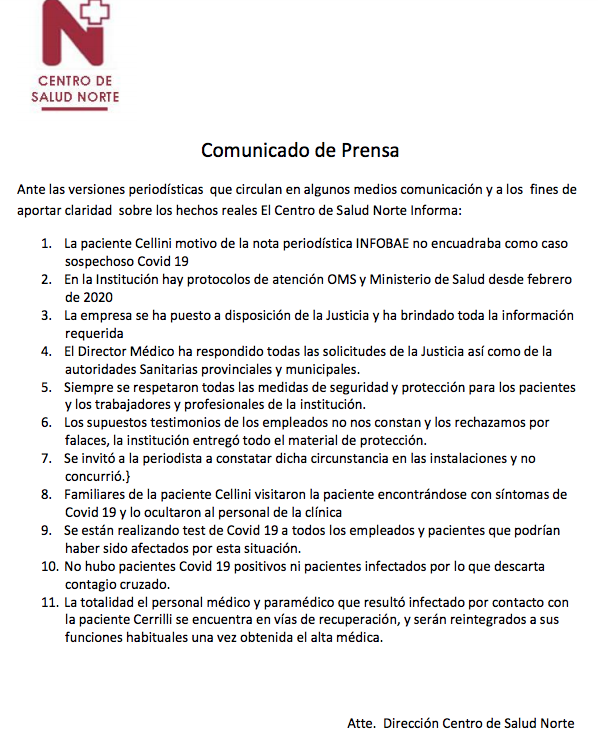 A partir de esta nota mía en <a href="/infobae/">infobae</a> el centro de Salud Norte dice que "Se invitó a la periodista a constatar dicha circunstancia en las instalaciones y no
concurrió". Es MENTIRA. Están en su derecho de decir su versión, pero no falacias sobre mi trabajo
infobae.com/coronavirus/20…